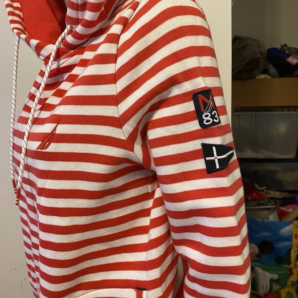 Nautica Women M Soft Fleece Hoodie Pullover Sweatshirt Pocket Logo Red White - Picture 7 of 9